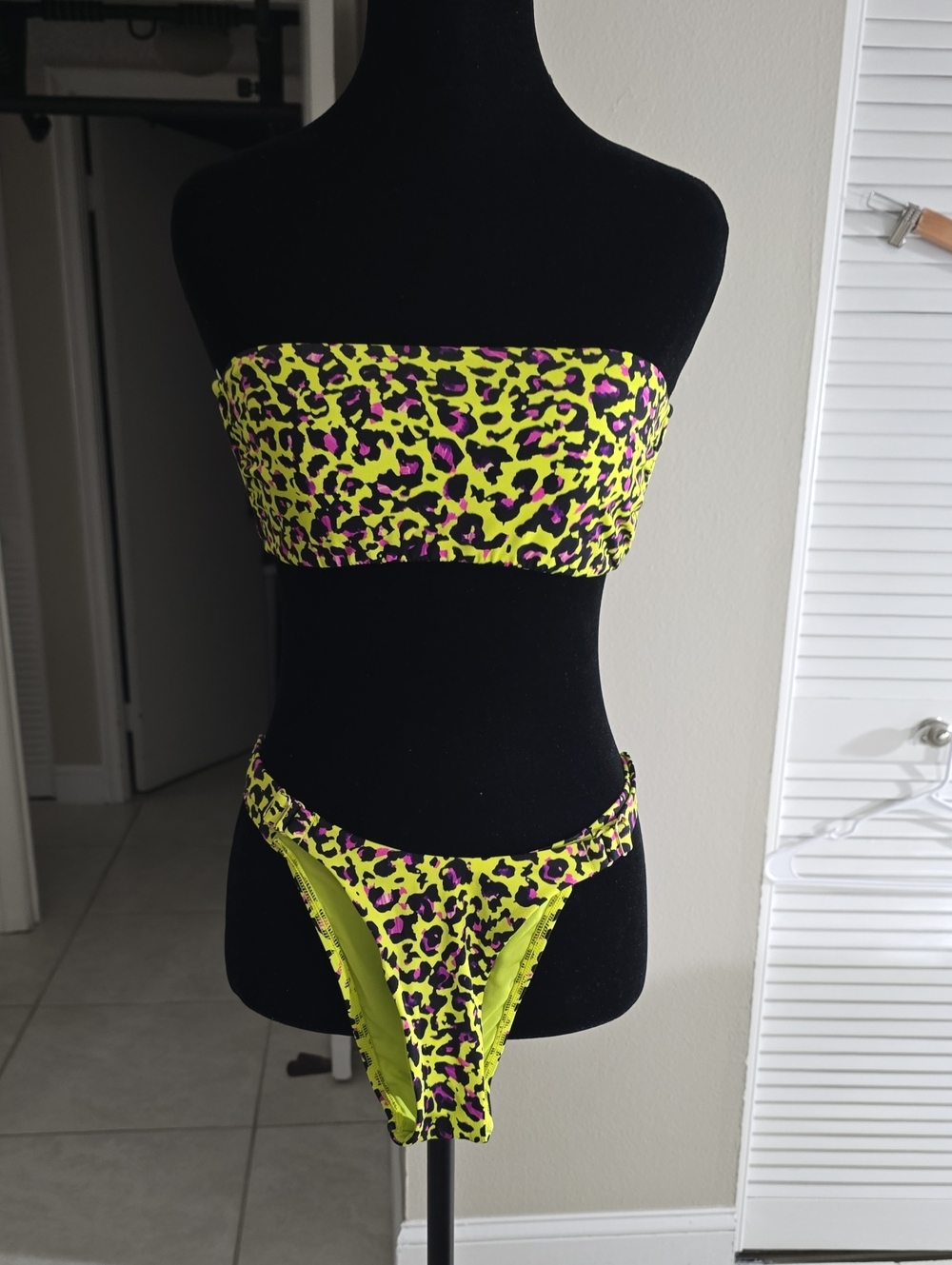 Victoria's Secret Neon Yellow Leopard Print Bikini with Pink & Black Accents